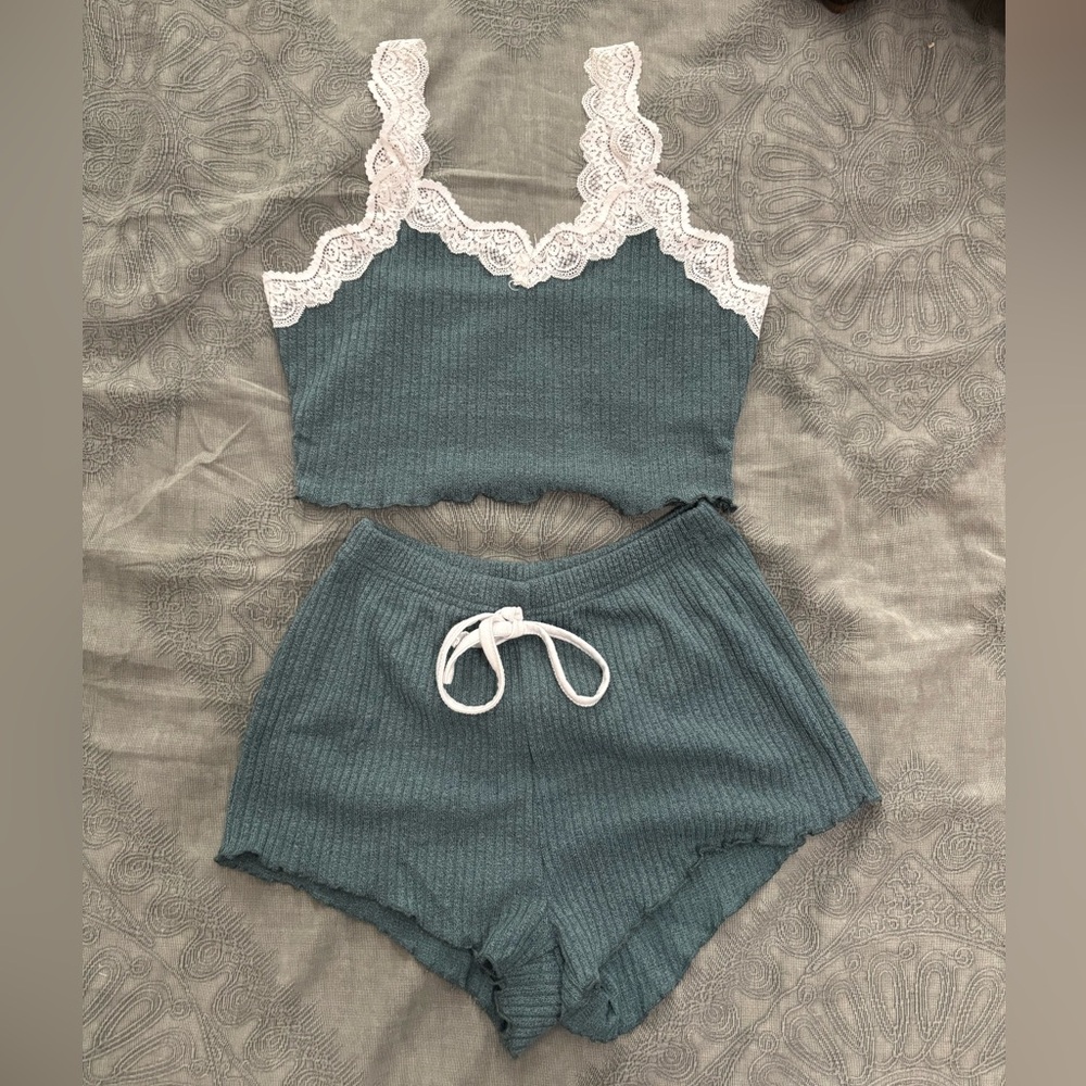 Source Unknown Teal Ribbed Lace-Trim Tank & Short Sleep Set